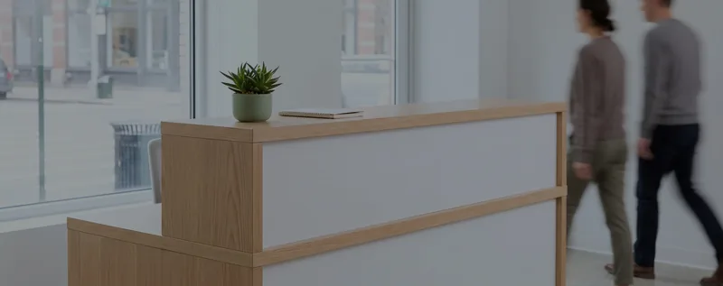 A small office reception desk with a potted succulent