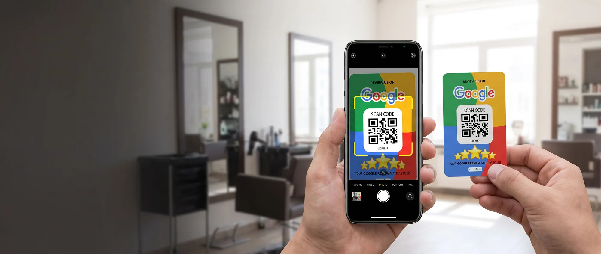 A salon interior with a phone camera focused on a Tapping Tags review card and its QR code