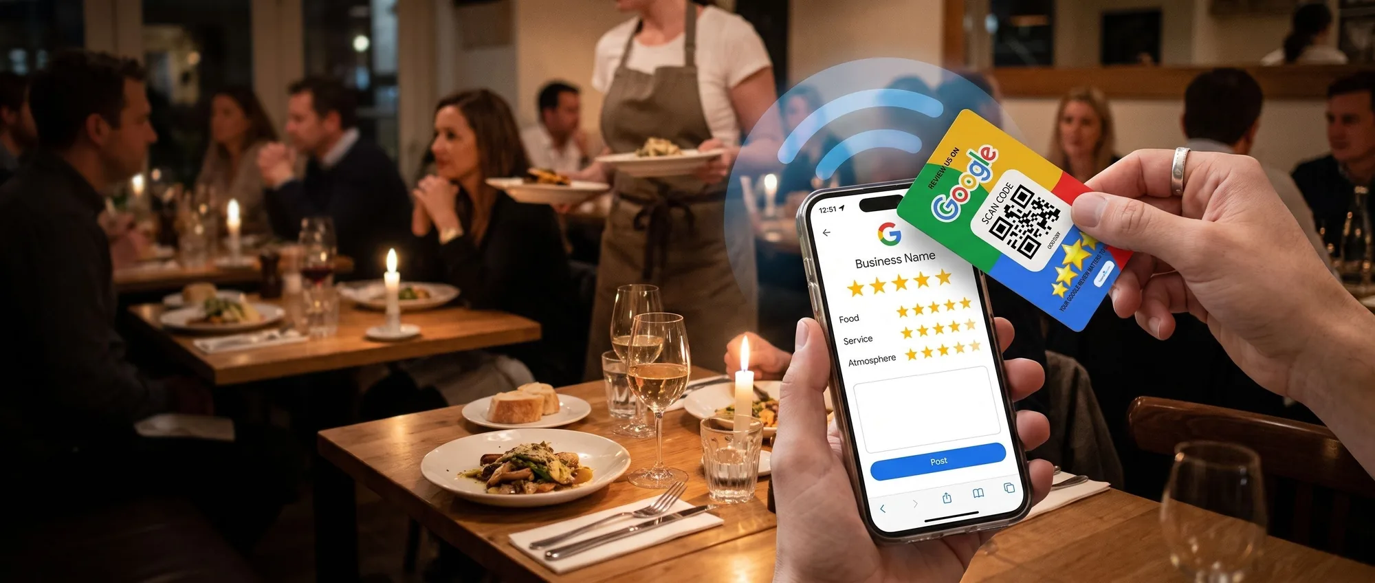 A restaurant server speaking with a customer at the end of a meal