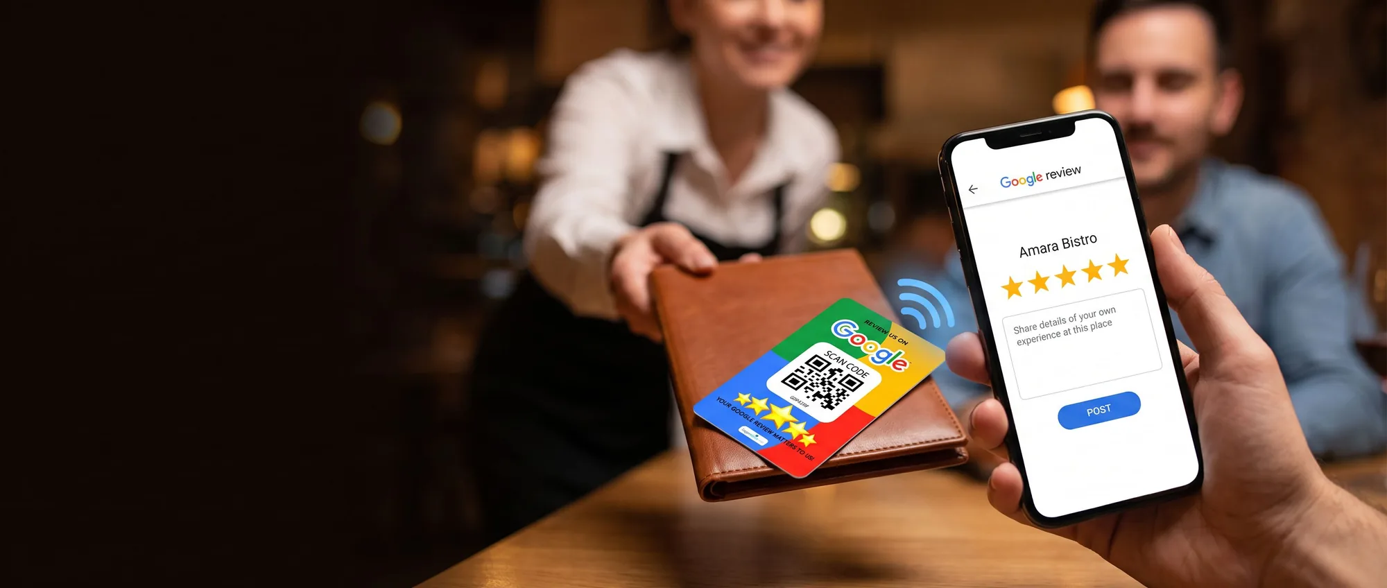 A restaurant table set for service, a plausible spot for a tap-to-review stand
