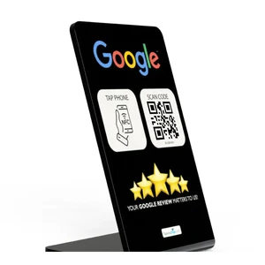 Three-quarter view of the Google Review acrylic stand showing its base