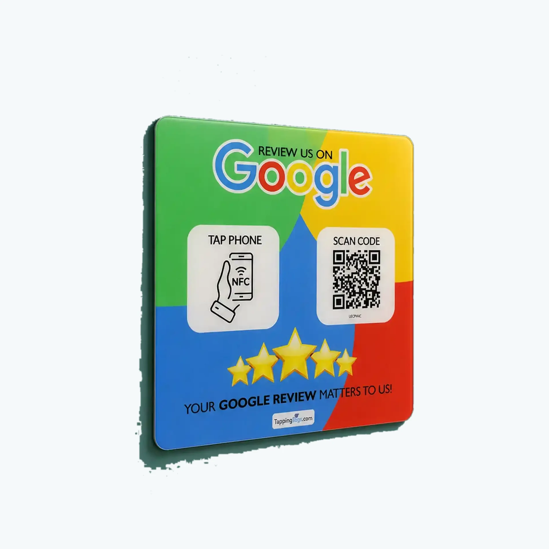 Google Review NFC and QR code acrylic tag face showing tap and scan panels