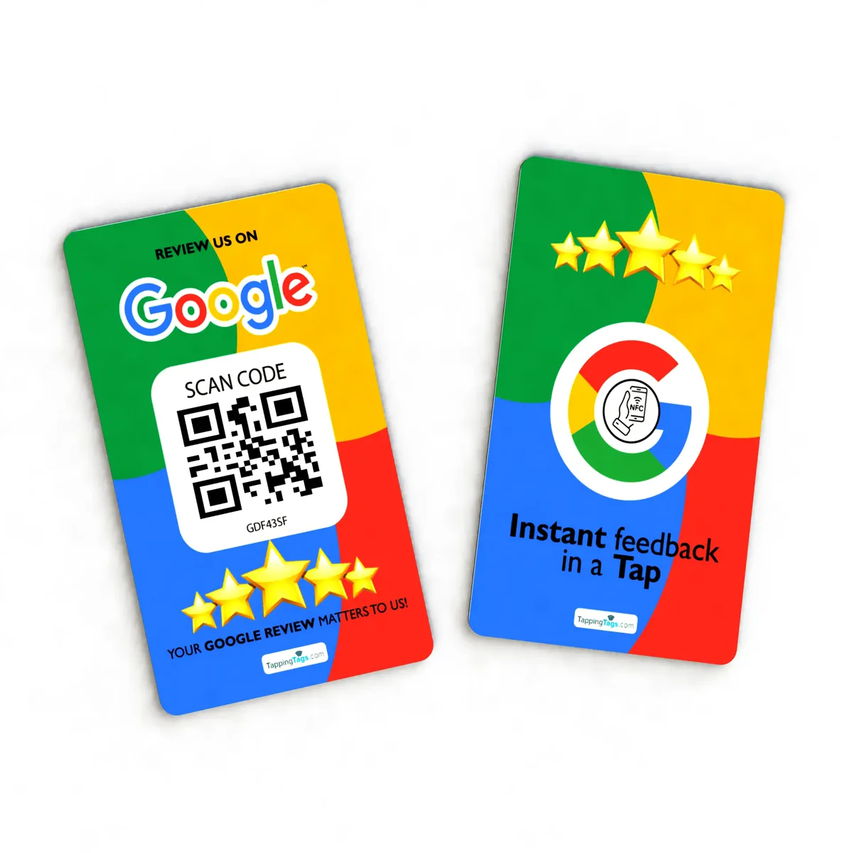 Google Review NFC card front and back, QR code and instant feedback in a tap