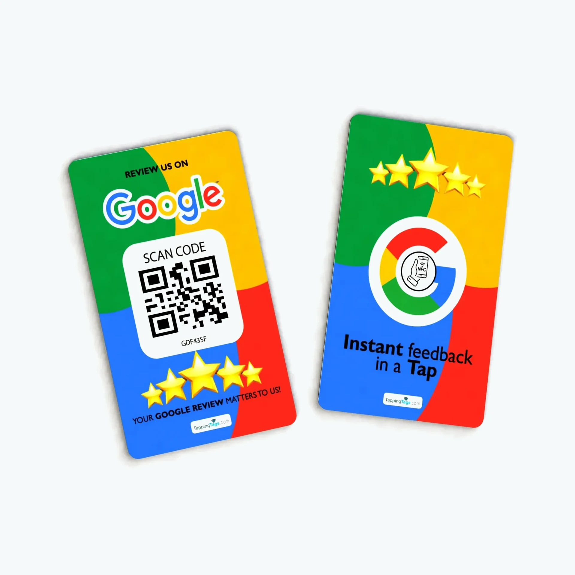 Google Review NFC and QR code cards, tap or scan, front and back