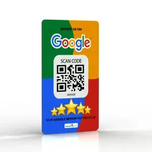 Single Google Review NFC card standing upright showing the scan code