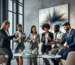 Six professionals in business attire exchange contactless payment cards and smartphones in a modern office lounge.