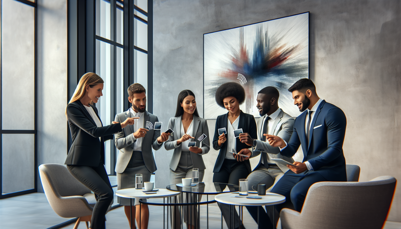 Six professionals in business attire exchange contactless payment cards and smartphones in a modern office lounge.