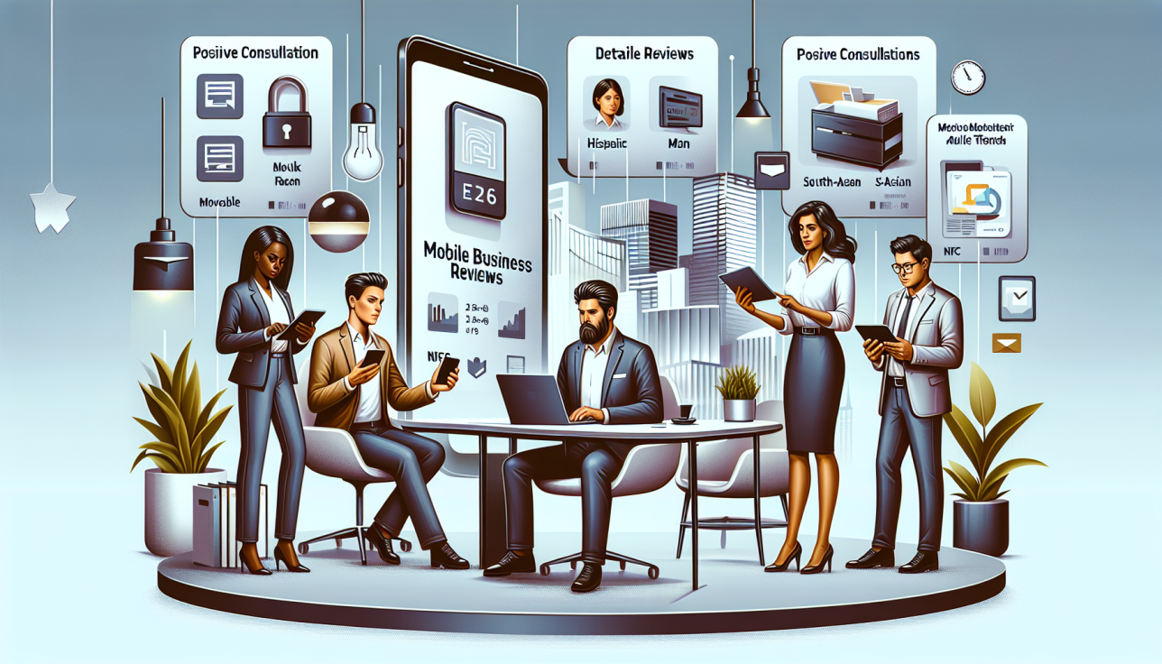 A team of professionals in a modern office reviewing mobile business data on tablets and laptops around a round table with a large display labeled 'Mobile Business Reviews' behind them, futuristic setting.