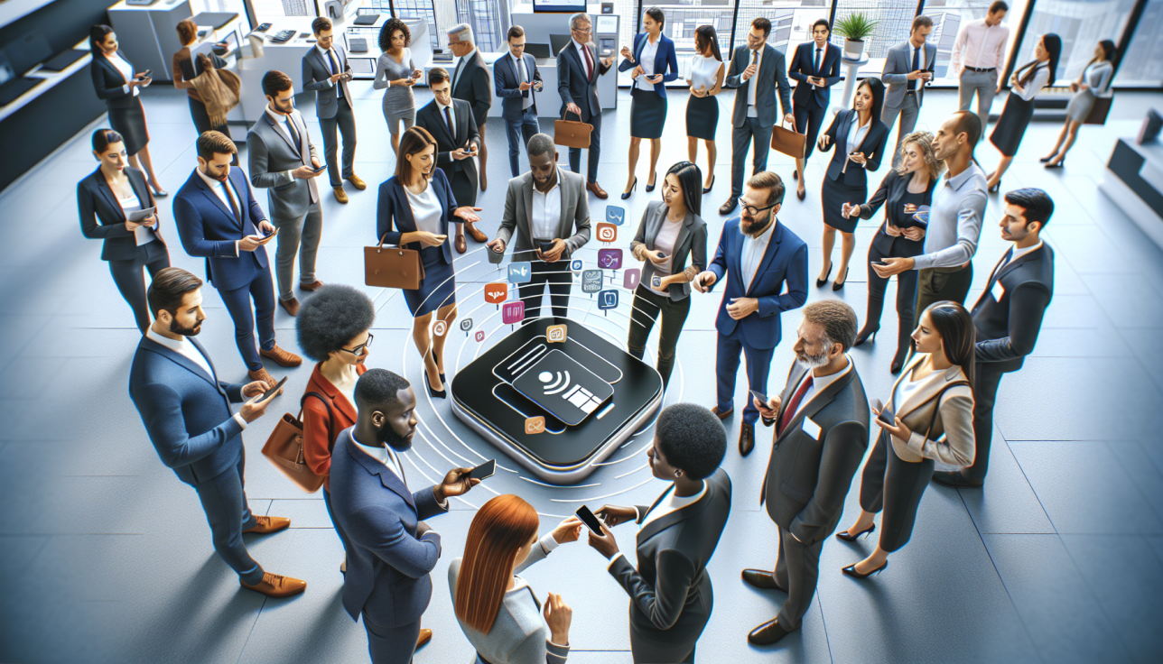 A diverse group of professionals forms a circle around a central digital device emitting icons, suggesting a tech conference or networking event.