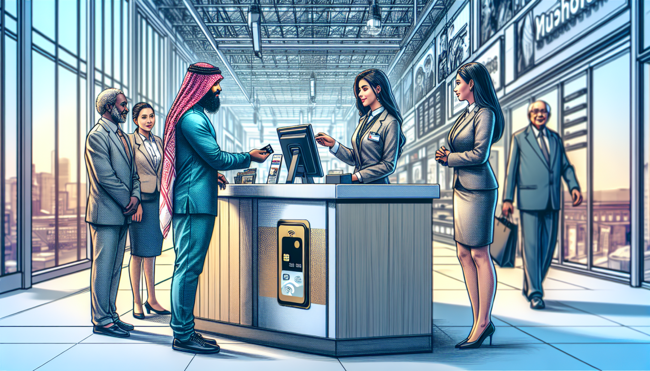 A man in traditional dress uses a card at a service desk with two staff members assisting in a modern lobby.