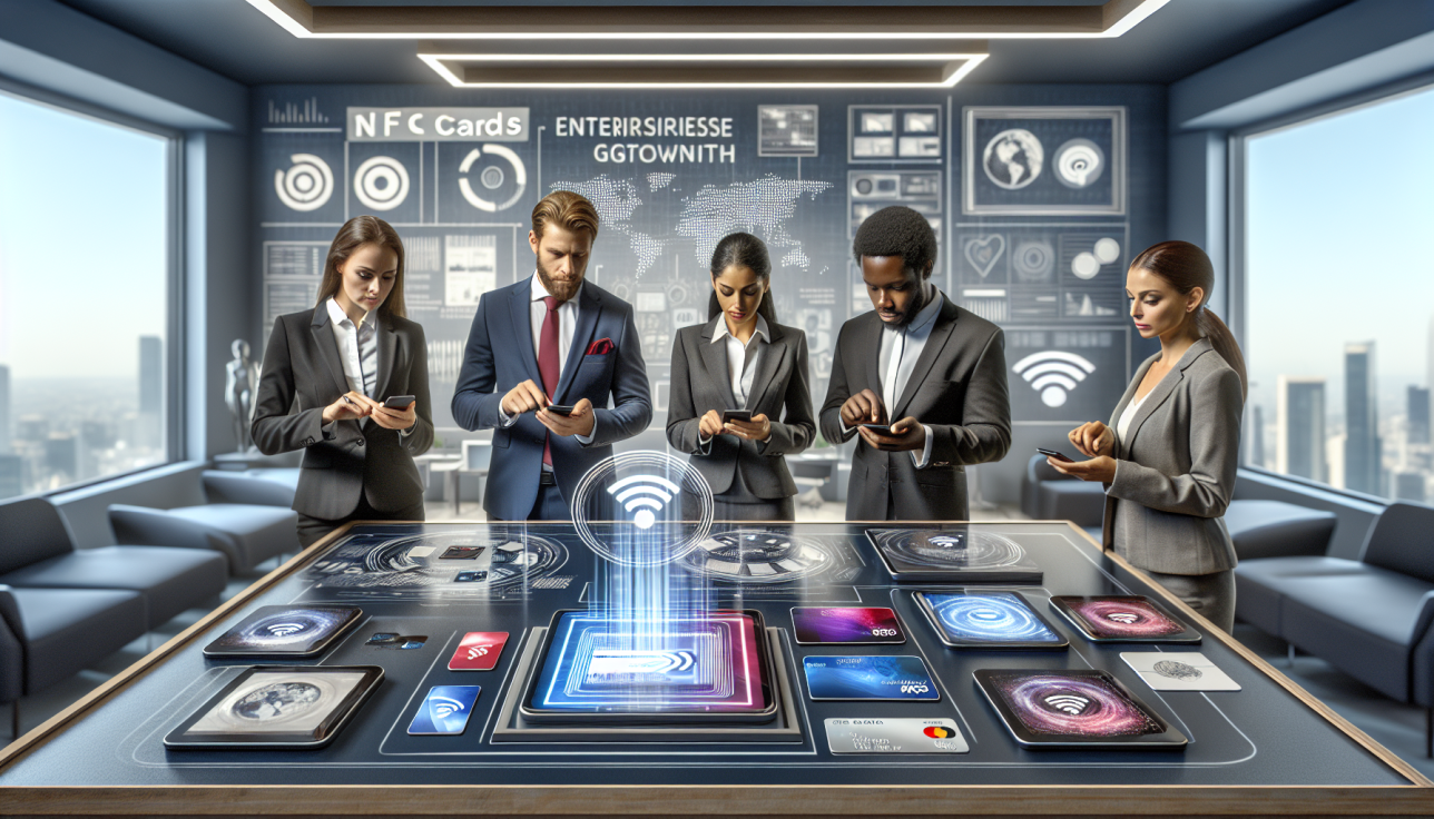 Five business professionals in suits stand around a futuristic touchscreen table, each using a smartphone, with holographic wifi symbols and a high-tech dashboard on the table surface behind them.
