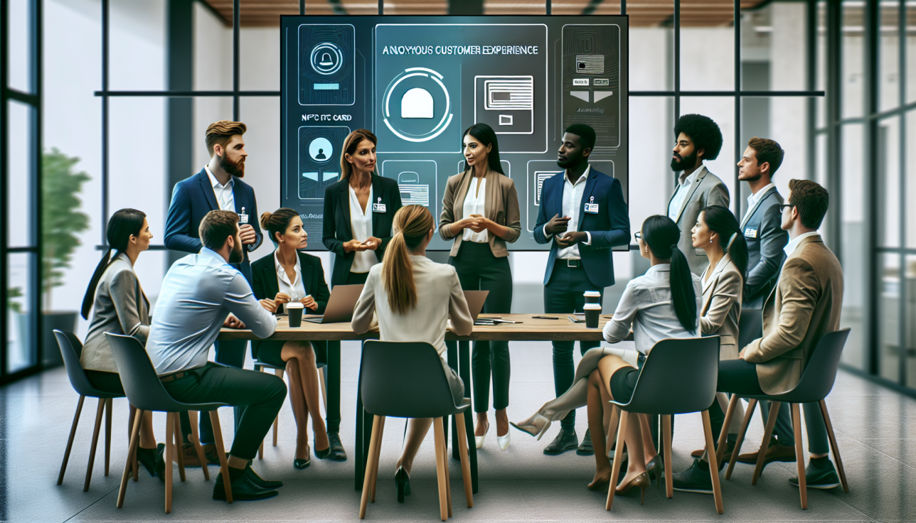 Diverse team in a modern conference room listening to presenters with a large screen showing UX diagrams and charts.