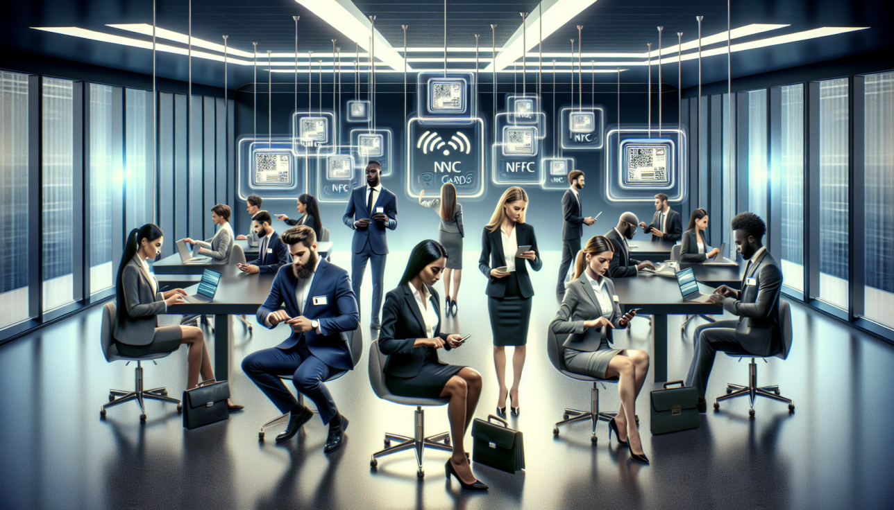 Group of professionals in a sleek tech office, at desks with laptops and phones, glowing NFC/QR icons on the wall behind them.