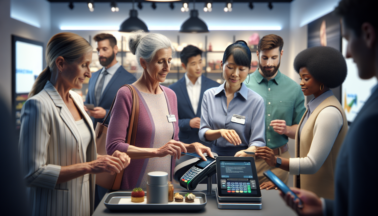 Shoppers line up at a checkout as a cashier processes a card payment on a touchscreen register.