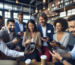 Diverse group of coworkers in a cafe, smiling while using smartphones and a phone screen shows a contactless payment icon.