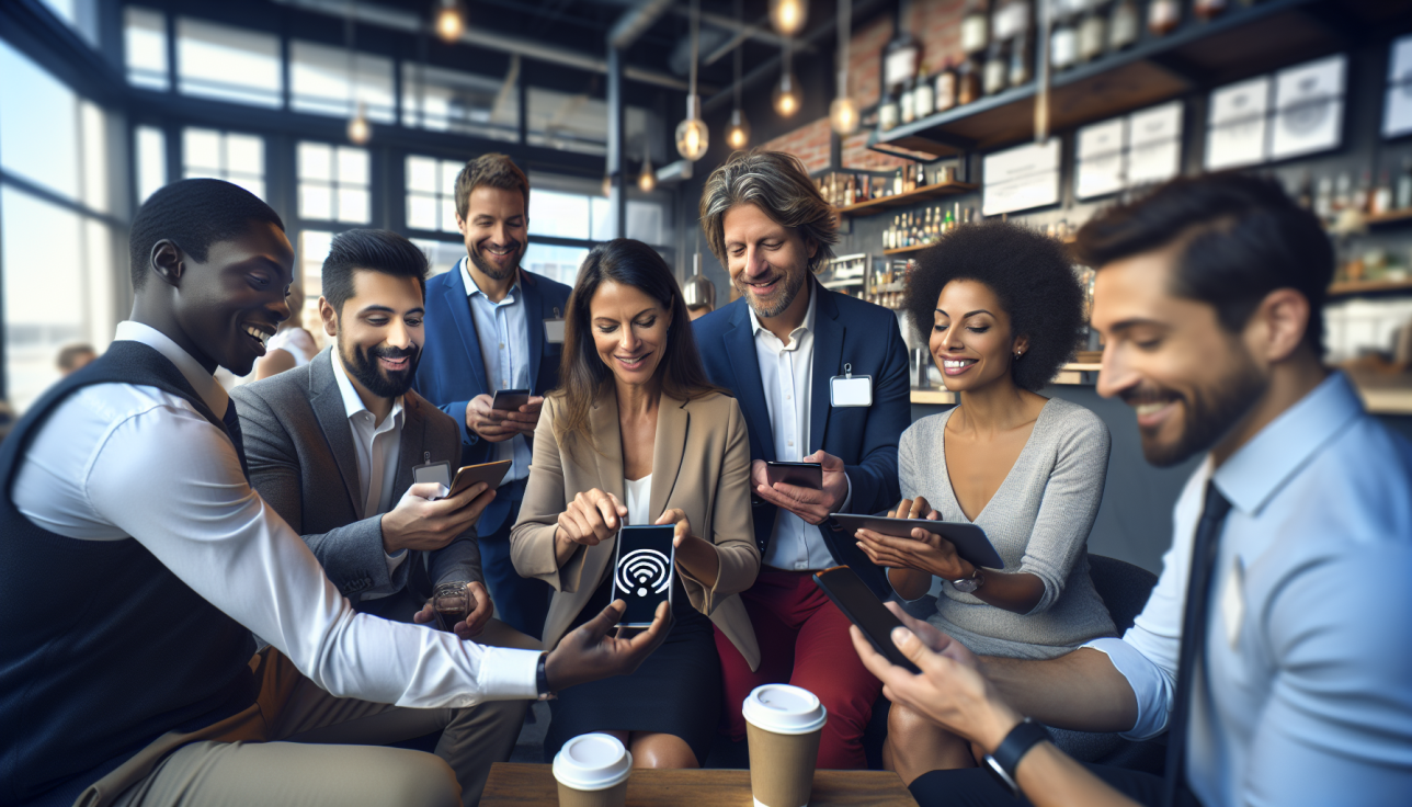 Diverse group of coworkers in a cafe, smiling while using smartphones and a phone screen shows a contactless payment icon.