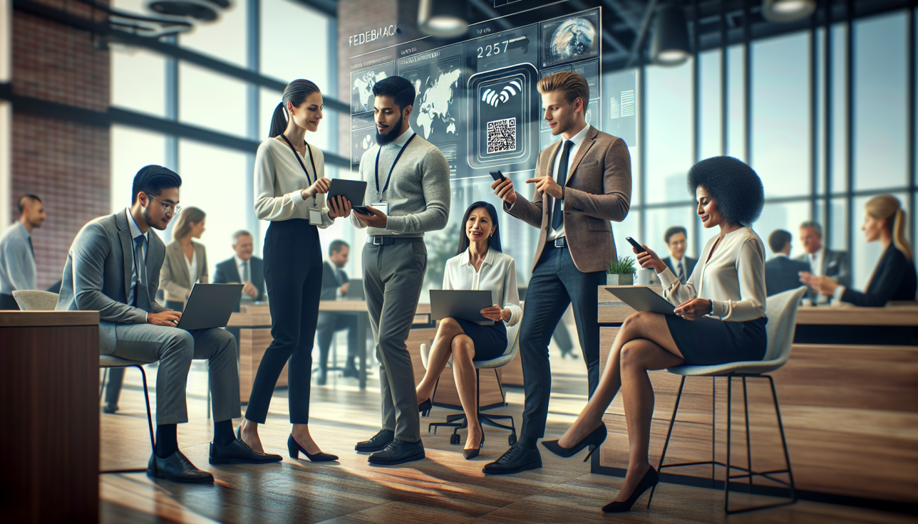 Diverse team in a modern office collaborates around a holographic display with charts and a QR code-like graphic.