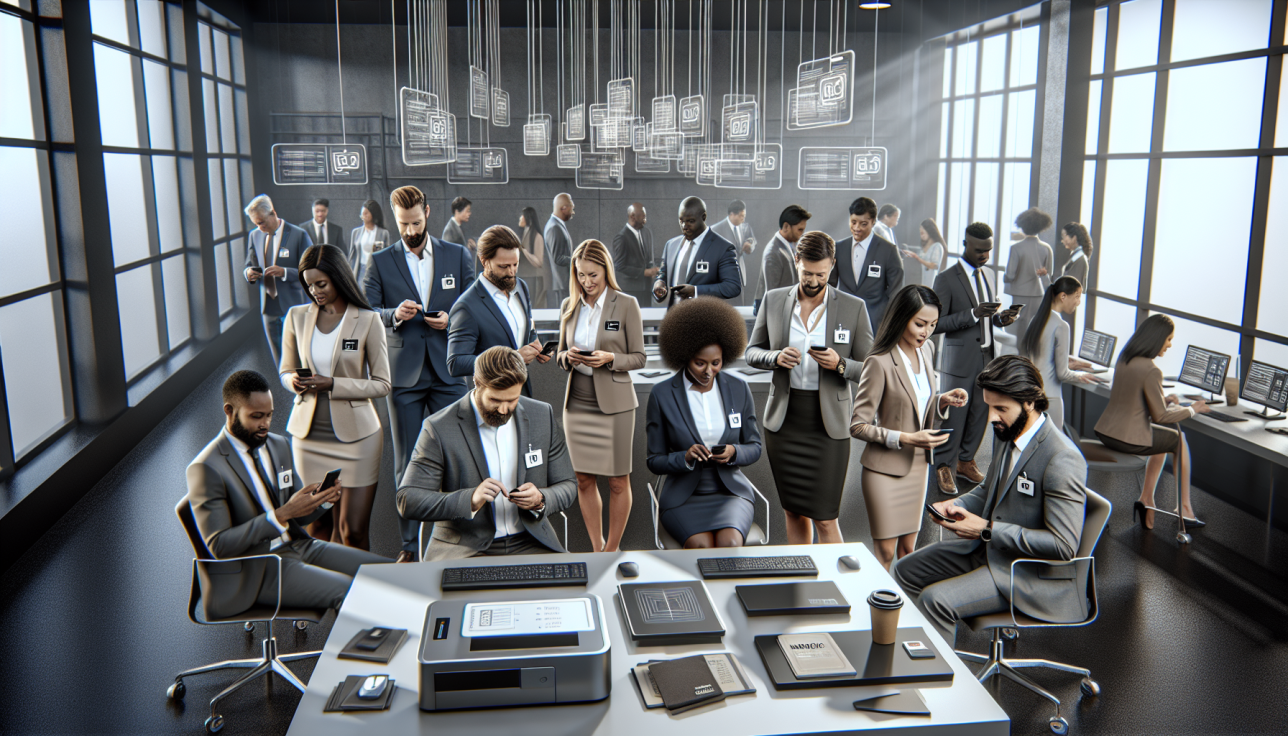 Busy modern office with numerous professionals in suits using smartphones and tablets, facing a central desk setup with printers and devices, futuristic holographic screens above.